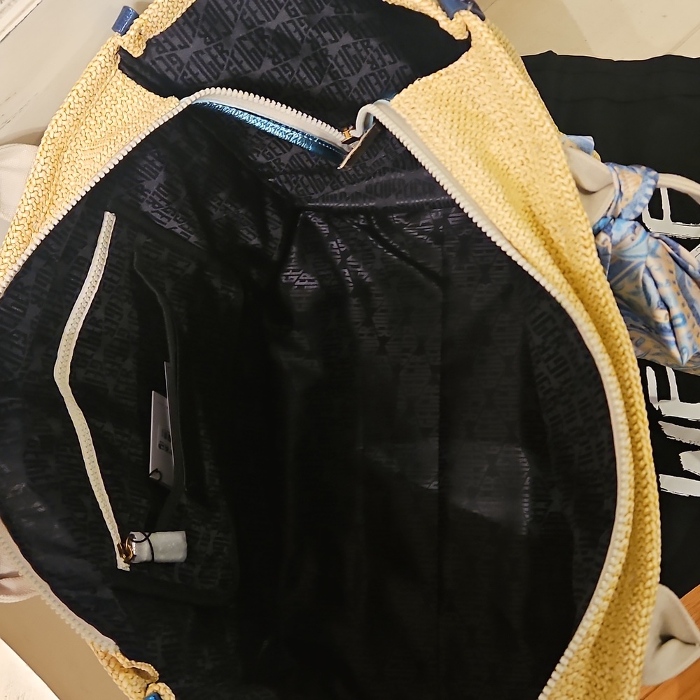 NEW Kurt Geiger Large Southbank Zip Top Shopper: Woven Beige W/ Blue Tones - Picture 8 of 10